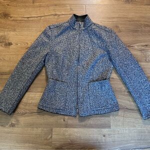 Women's Black Tweed Reversible Fitted Jacket with Faux Leather Collar